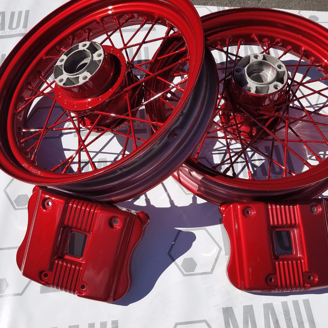 Spoked Harley Davidson Wheels and cam covers in Lollypop Red by Maui Powder Works.